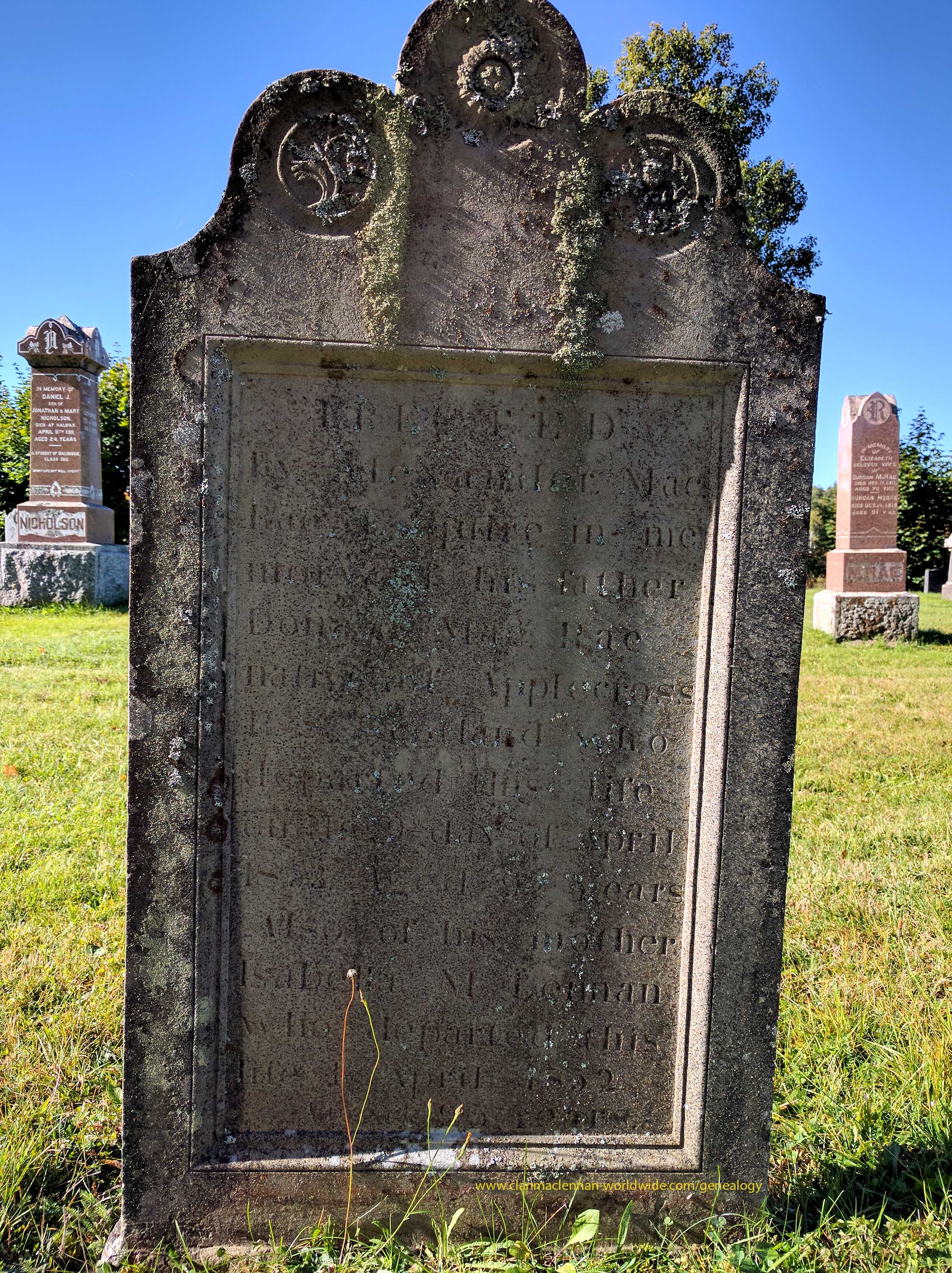 Photo of headstones/Isabella McLennan d1851 hdstn Middle River CB